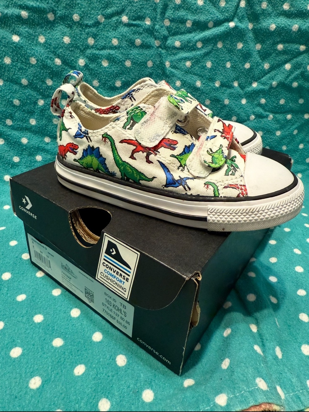 Converse Kids Cream Canvas Sneakers with Red, Green & Blue Dinosaur Print